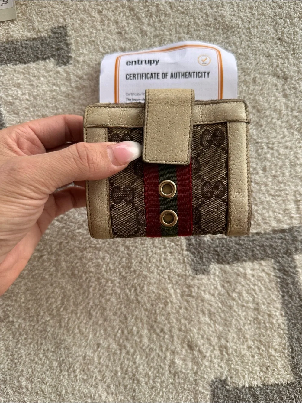 Gucci Small Monogram Canvas Wallet with Red and Green Stripe